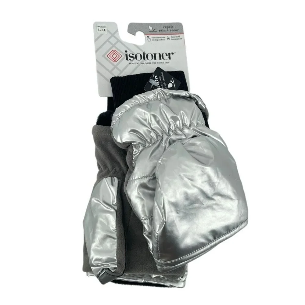 Isotoner Women’s Metallic Silver Flip-Top Mittens Warm Insulated L/XL New